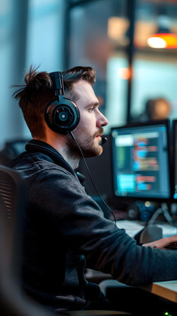 man in headphones playing computer gamesの素材