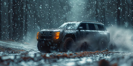 Off road car in the rain in the forestの素材