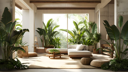 Interior modern living room with tropical plants. Scandinavianの素材