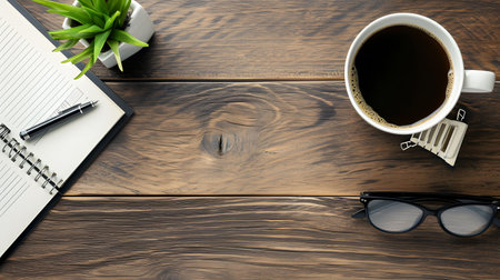 Office desk table with coffee cup, notebook and glasses. Top view with copy spaceの素材