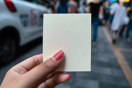 Woman hand holding blank paper card with copy space on street backgroundの素材