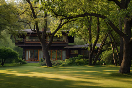 Beautiful Japanese style house with large green lawnの素材