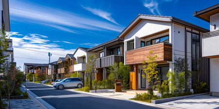 Panoramic view of modern townhouses in the suburbsの素材