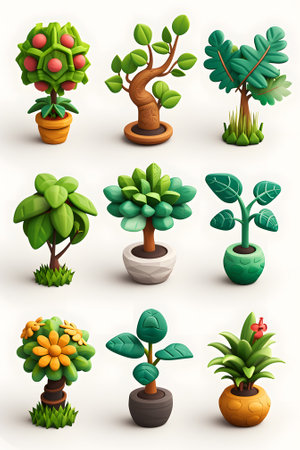 3D illustration set tree pots on white backgroundの素材