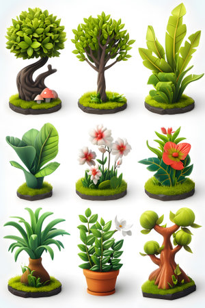 3D illustration set garden plants on white backgroundの素材