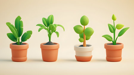 3D Illustration of three plants in pots on a beige backgroundの素材