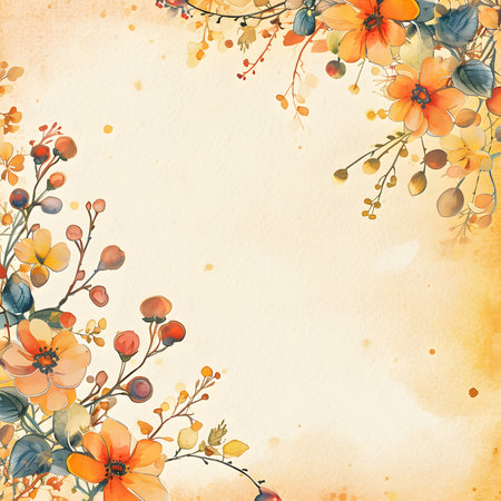 watercolor flowers and leaves grunge background illustrationの素材