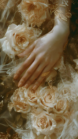 Brides hand with wedding bouquet rosesの素材