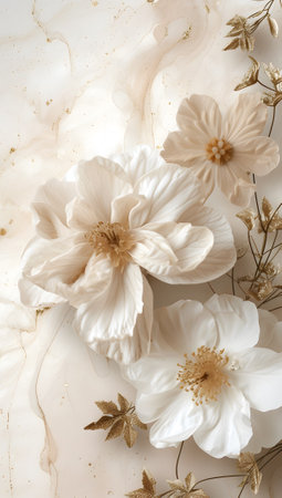 Beautiful flowers on beige background. Flat lay, top viewの素材