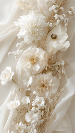 Wedding bouquet of white flowers on white fabric backgroundの素材