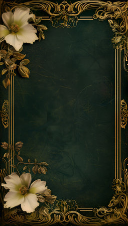 Vintage frame with flowers on dark green background. Space for textの素材