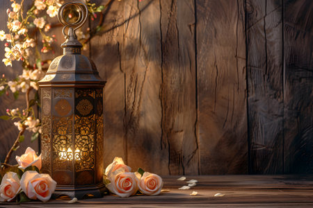 Lantern with roses on a wooden background. Ramadan Kareemの素材