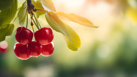 Ripe red cherries on tree branch in gardenの素材