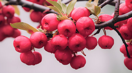 Red hawthorn berries on the branches treeの素材