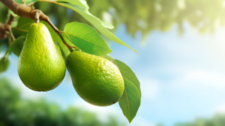 Ripe green avocados hanging on tree branch in summer dayの素材