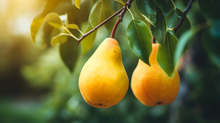 Ripe yellow pears on the tree. Selective focusの素材