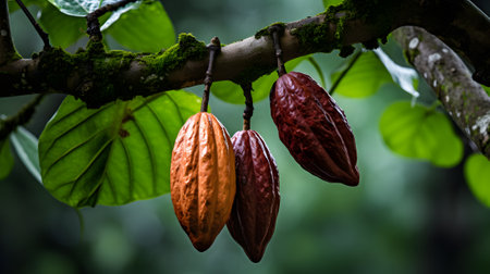 Cacao fruit pods on the tree in the forest. Natural backgroundの素材