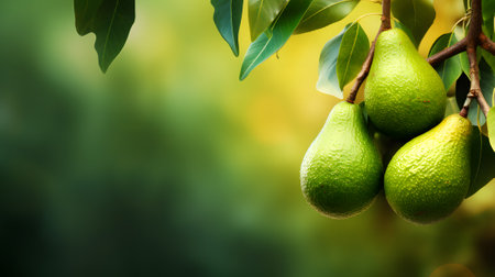 Avocado tree with ripe fruits on blurred green background. Copy spaceの素材