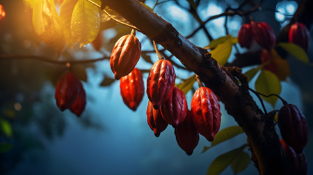 Cacao fruits on the tree, Cocoa pods farmの素材