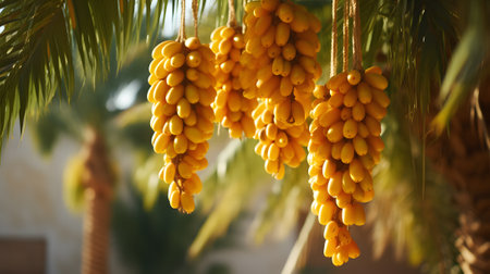 Yellow date fruits hanging on the palm treeの素材