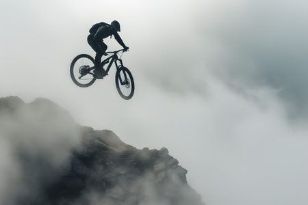 Silhouette of mountain biker jumping in the cloudsの素材