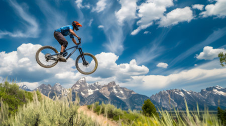 Mountain biker jumping on top of mountain with blue skyの素材