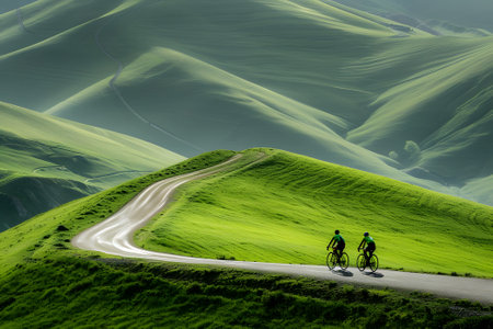 Cyclists on the road in the mountains. Summer landscapeの素材