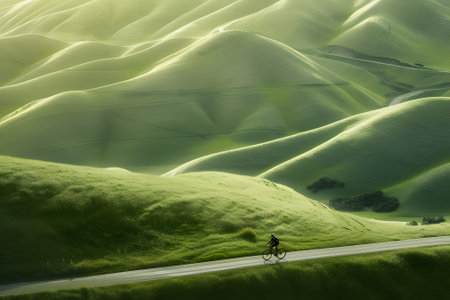 Cyclist on the road in the green hills of Tuscanyの素材