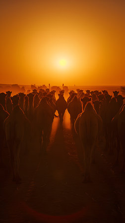 Camel caravan at sunriseの素材