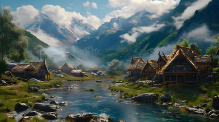 Fantasy landscape with wooden houses in the mountainsの素材