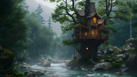 Fantasy landscape with wooden house in the forestの素材