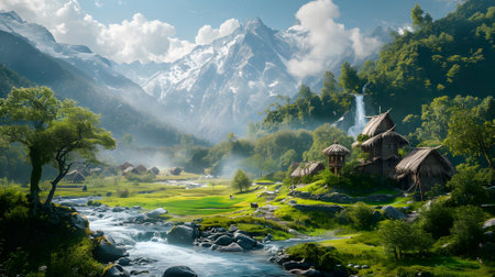 Rural landscape with small village and waterfall in mountainsの素材