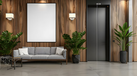 Office lobby with wooden walls, concrete floor, gray sofa and vertical mockup poster frameの素材
