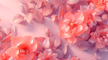 Beautiful pink flowers and leaves isolated on pink floral backgroundの素材
