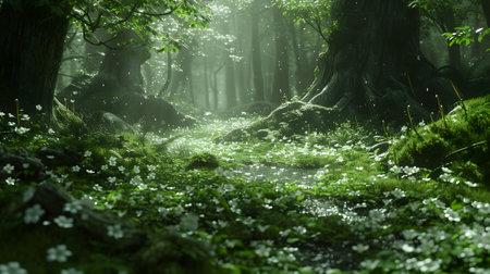 Mysterious forest with white flowers in the morning lightの素材