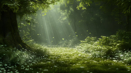Beautiful forest with sunbeams in the morningの素材