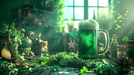 St. Patrick's Day concept. Green beer in a pubの素材