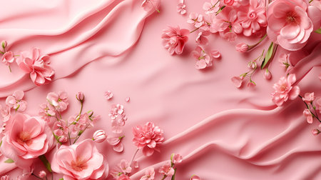 Pink silk fabric background with pink flowers and leavesの素材