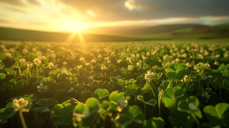 Green clover field at sunsetの素材