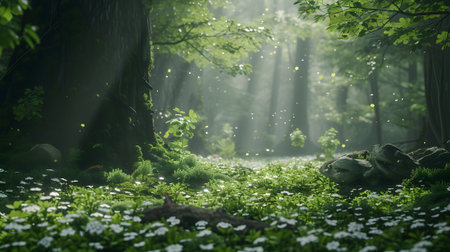 Beautiful spring forest with white flowers in the rays of the sunの素材