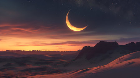 Desert mountain and moon at nightの素材