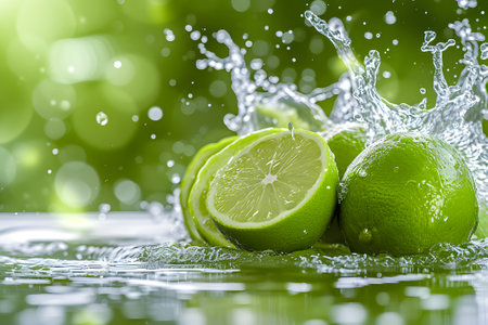 Fresh limes with water splash on green bokeh backgroundの素材