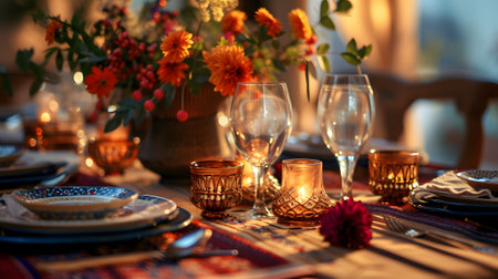 Beautiful table setting with flowers and candles in restaurantの素材