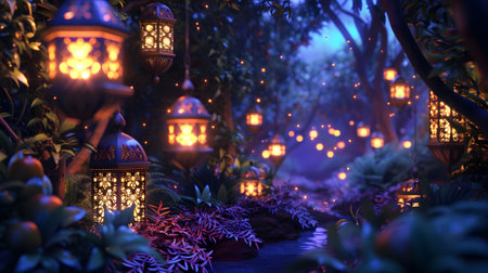 Garden with islamic lanterns in the nightの素材
