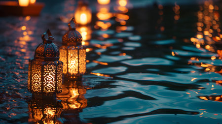Arabic lanterns floating on the water during the celebration of Ramadanの素材