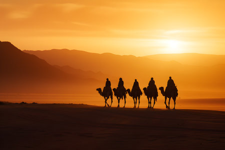Camel caravan in the Sahara desert at sunset, Morocco, Africaの素材