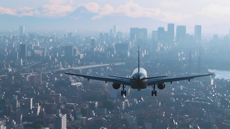 Commercial airplane flying over the cityの素材