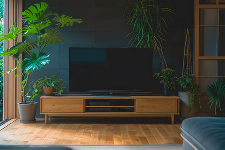 Modern living room interior with tv and plantsの素材
