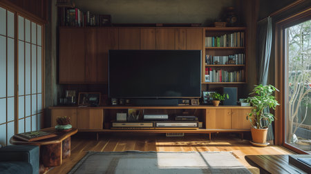 Interior of living room with TV and bookshelfの素材