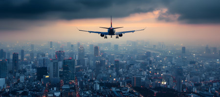 Airplane flying over the city at sunset. Business and transportation conceptの素材
